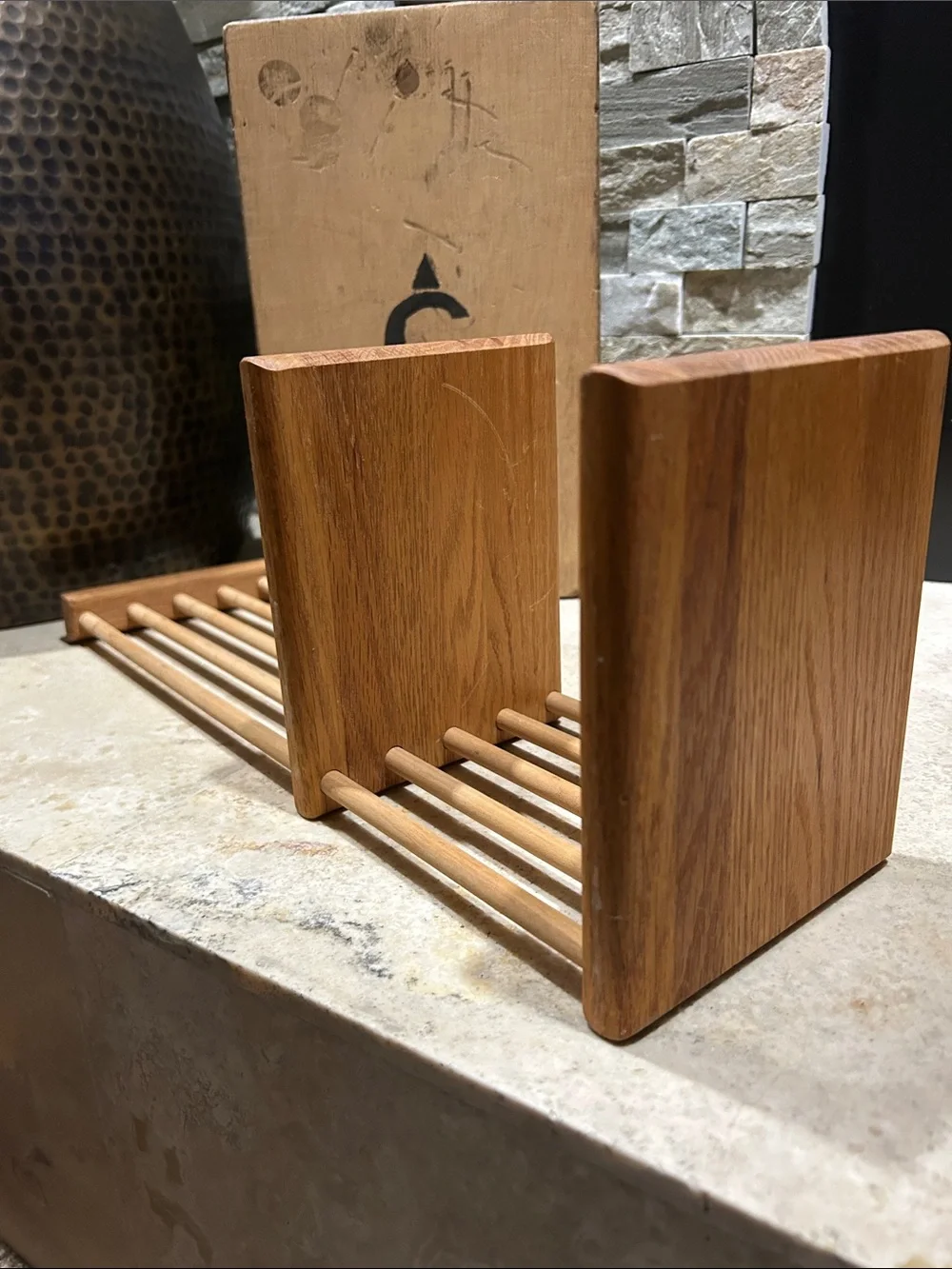 vintage MCM adjustable wooden sliding book stand